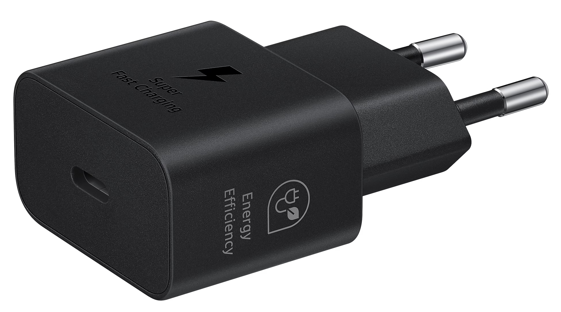 Fekete Samsung töltő USB-C porttal és európai dugóval.