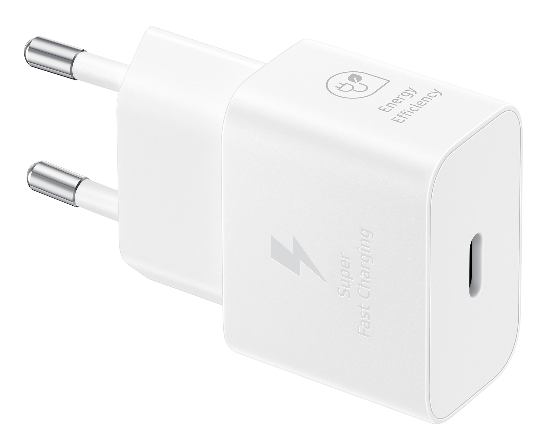 Fehér töltő USB-C porttal, 'Super Fast Charging' és 'Energy Efficiency' felirattal.