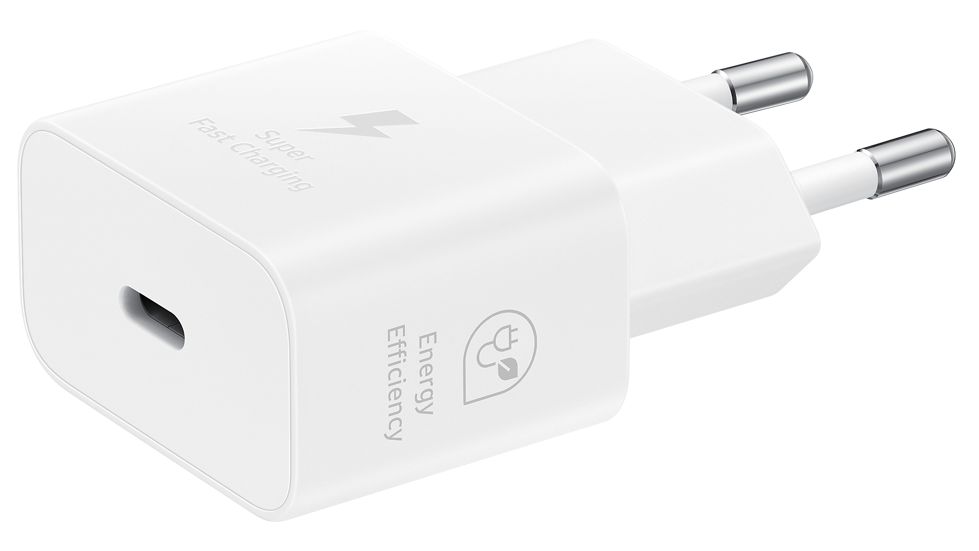 Fehér töltő USB-C porttal, energiahatékonysági szimbólum.