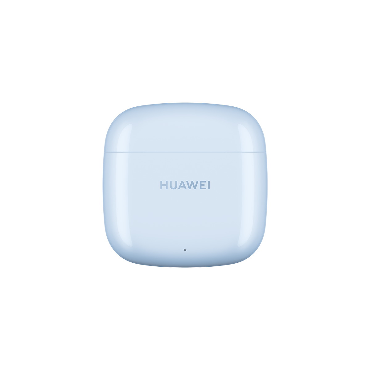 Marka adı üzerinde yazılı, açık mavi Huawei kulaklık kutusu. Kapalı, kare tasarım.