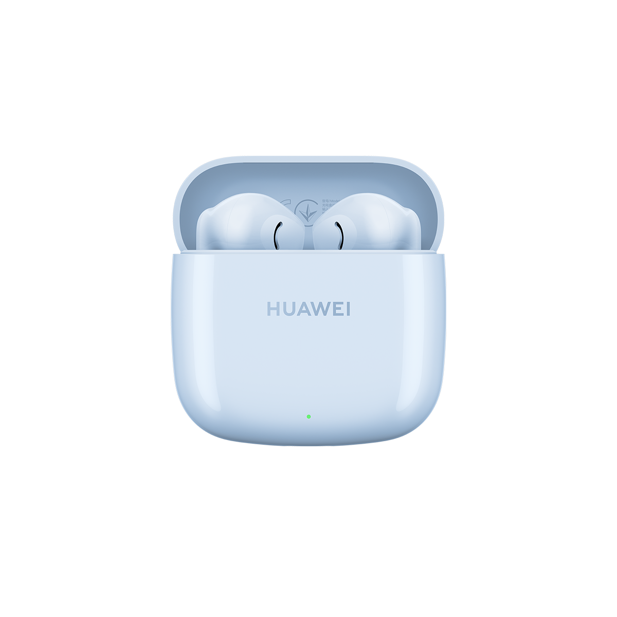 Açık mavi şarj kutusunda beyaz kulaklıklar. Huawei logosu görünür.