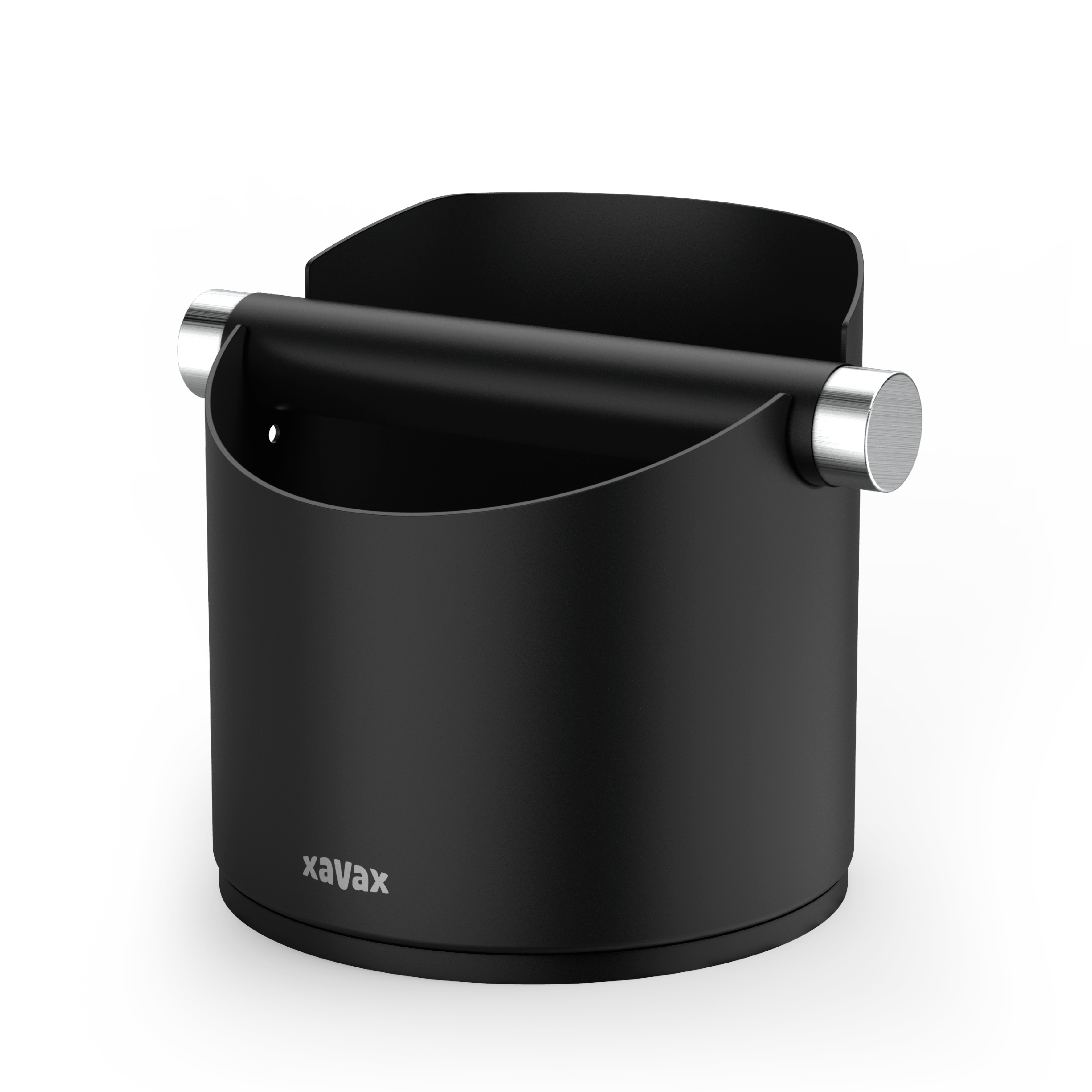Schwarzer Behälter für Kaffeesatz, zylindrische Form mit silbernem Griff. Xavax-Logo.