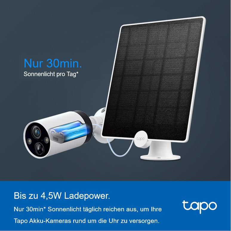 Solarpanel und weiße Kamera mit blauem Batterie-Indikator. Text auf Deutsch.