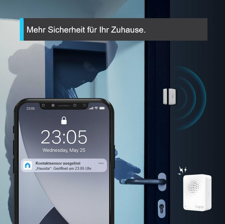 Smartphone mit Sicherheitswarnung, Türsensor und Alarm auf dunklem Hintergrund.