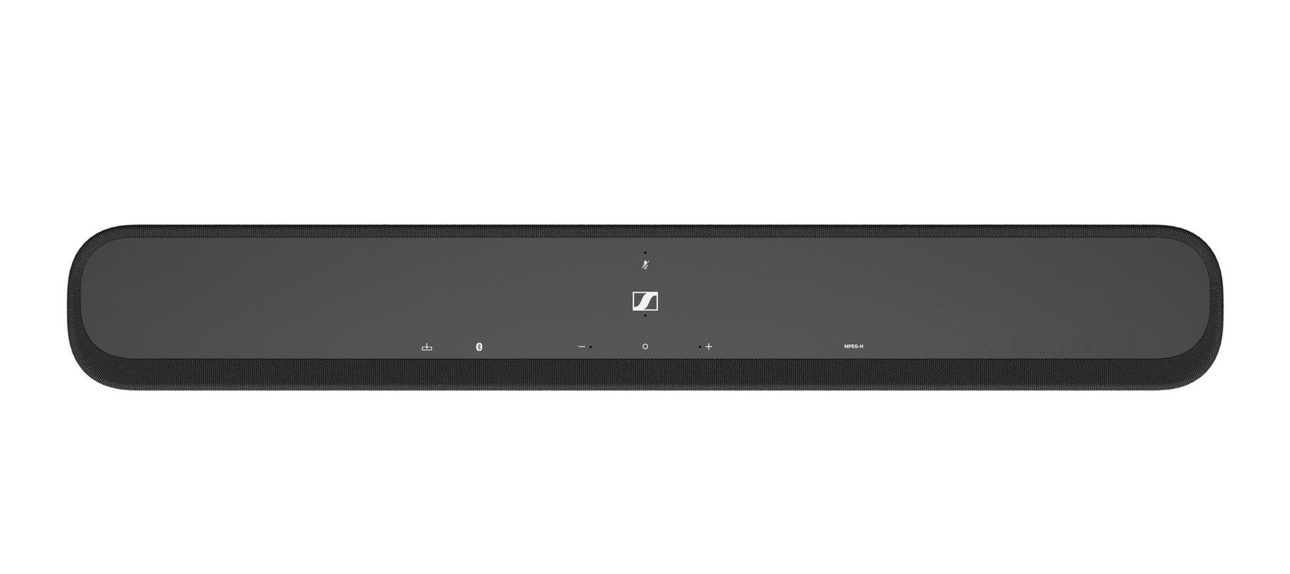 Siyah bir soundbar. Yuvarlak köşeli dikdörtgen şeklinde. Sennheiser logosu ve bazı kontrol simgeleri var.