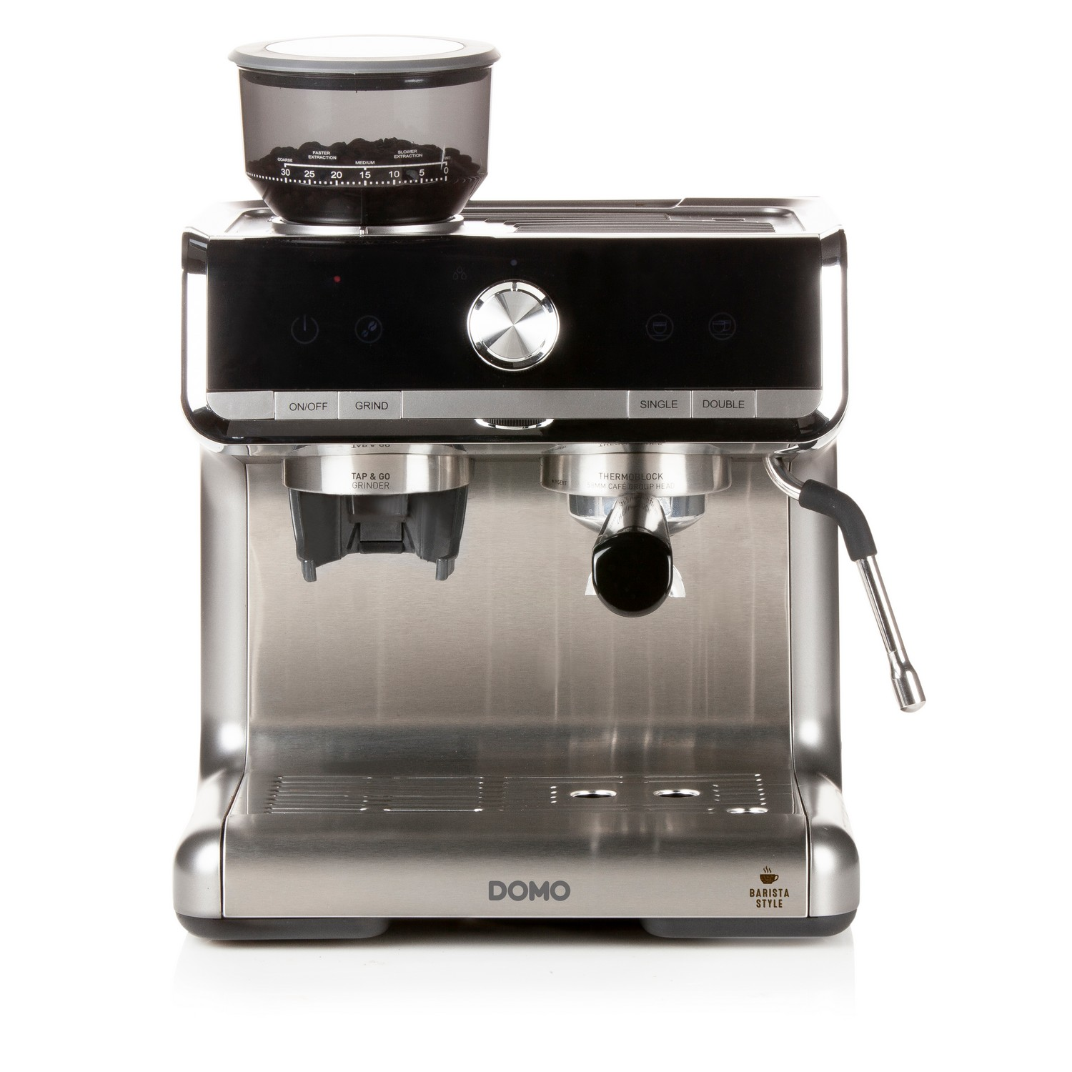 A stainless steel espresso machine with a bean grinder on top and a black interface panel.