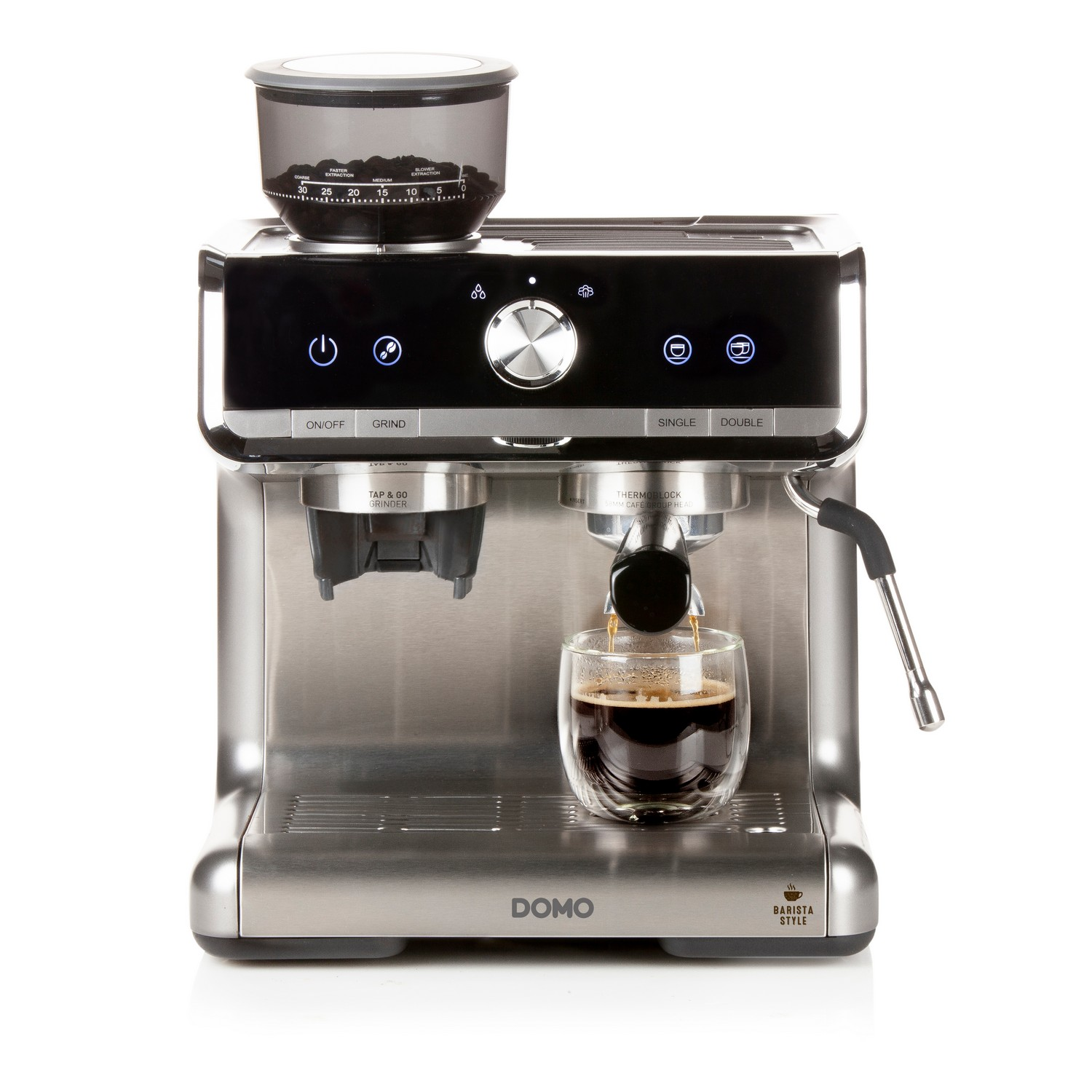 Stainless steel espresso machine with a glass of coffee and the DOMO logo.