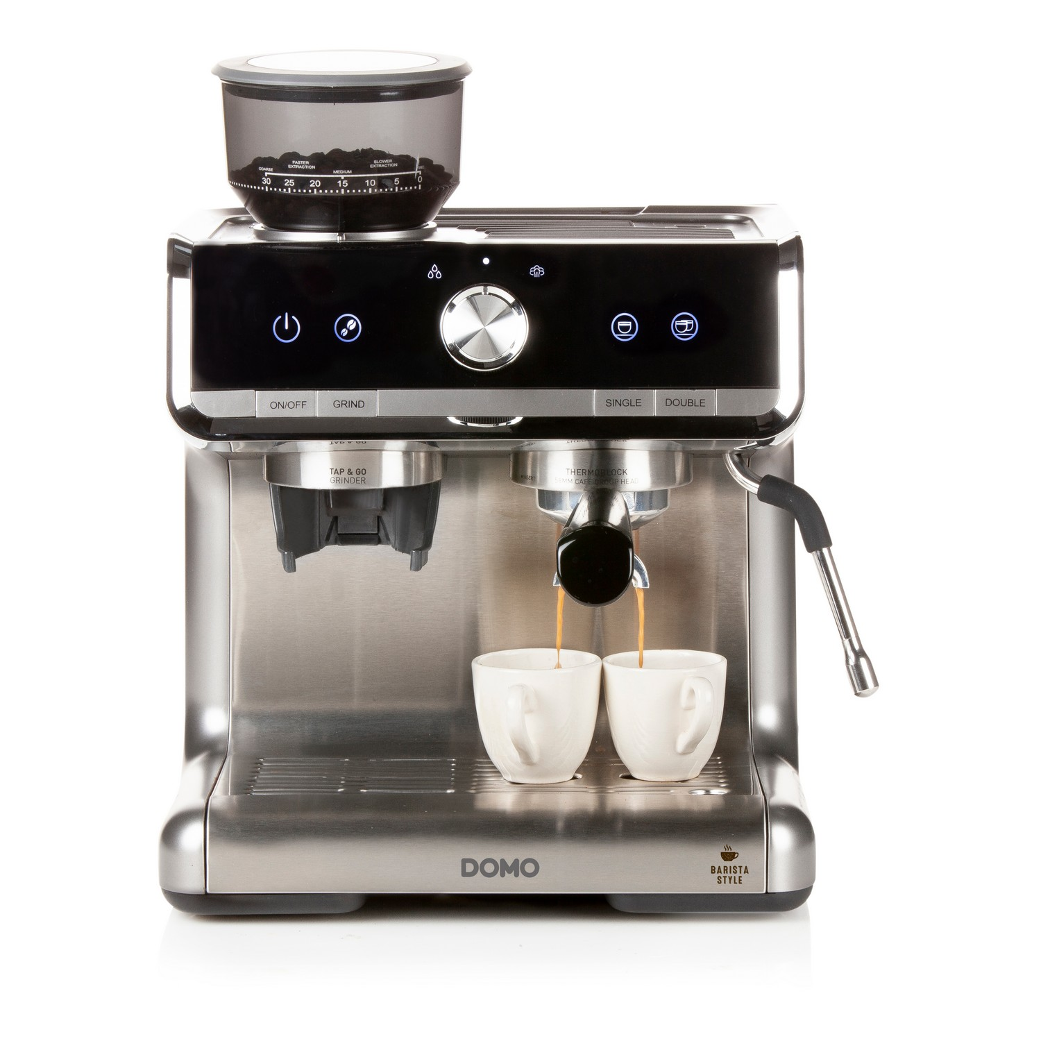 Stainless steel espresso machine with two cups being filled with coffee. A grinder is on top.