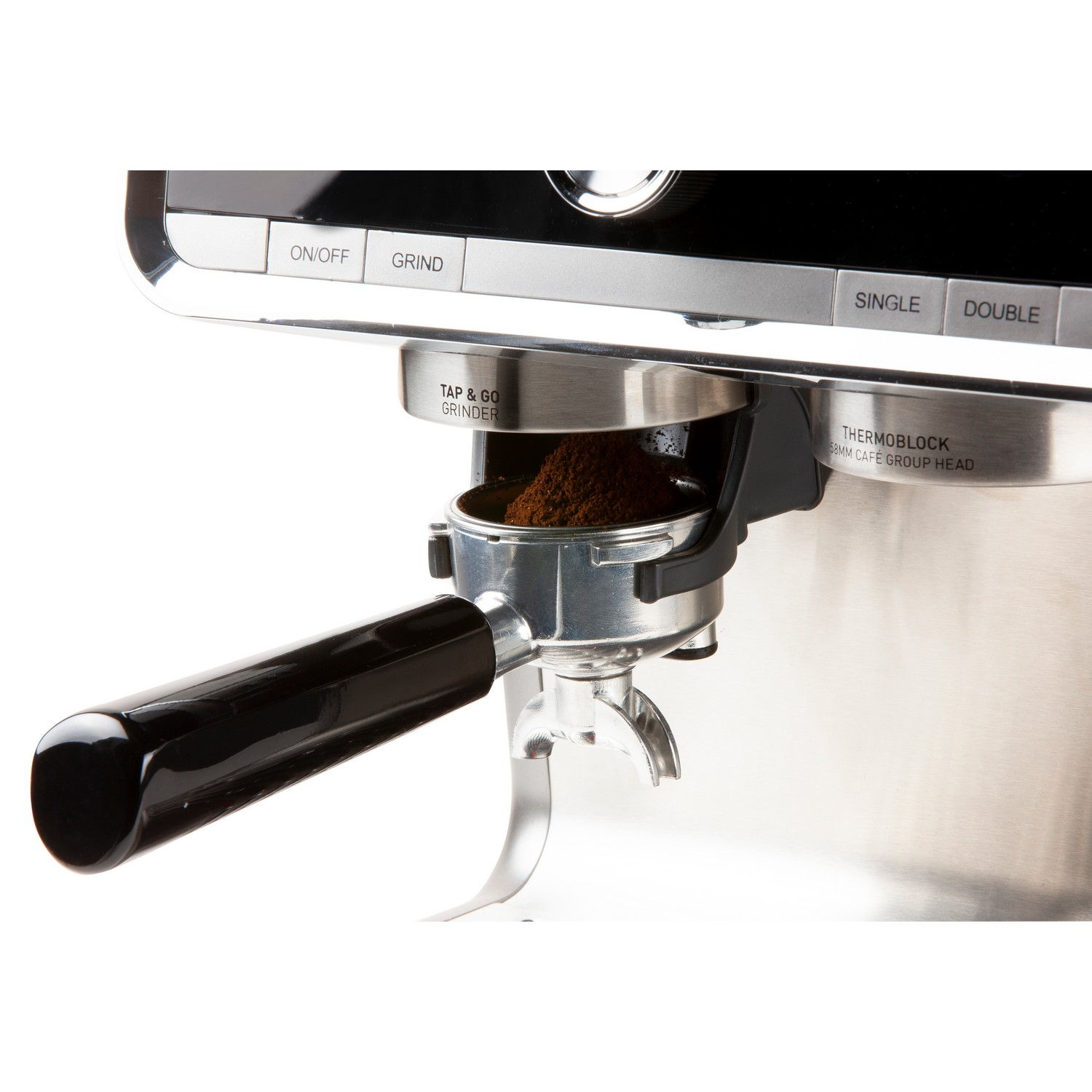 Close-up of an espresso machine with coffee grounds in a portafilter. Silver and black color scheme.