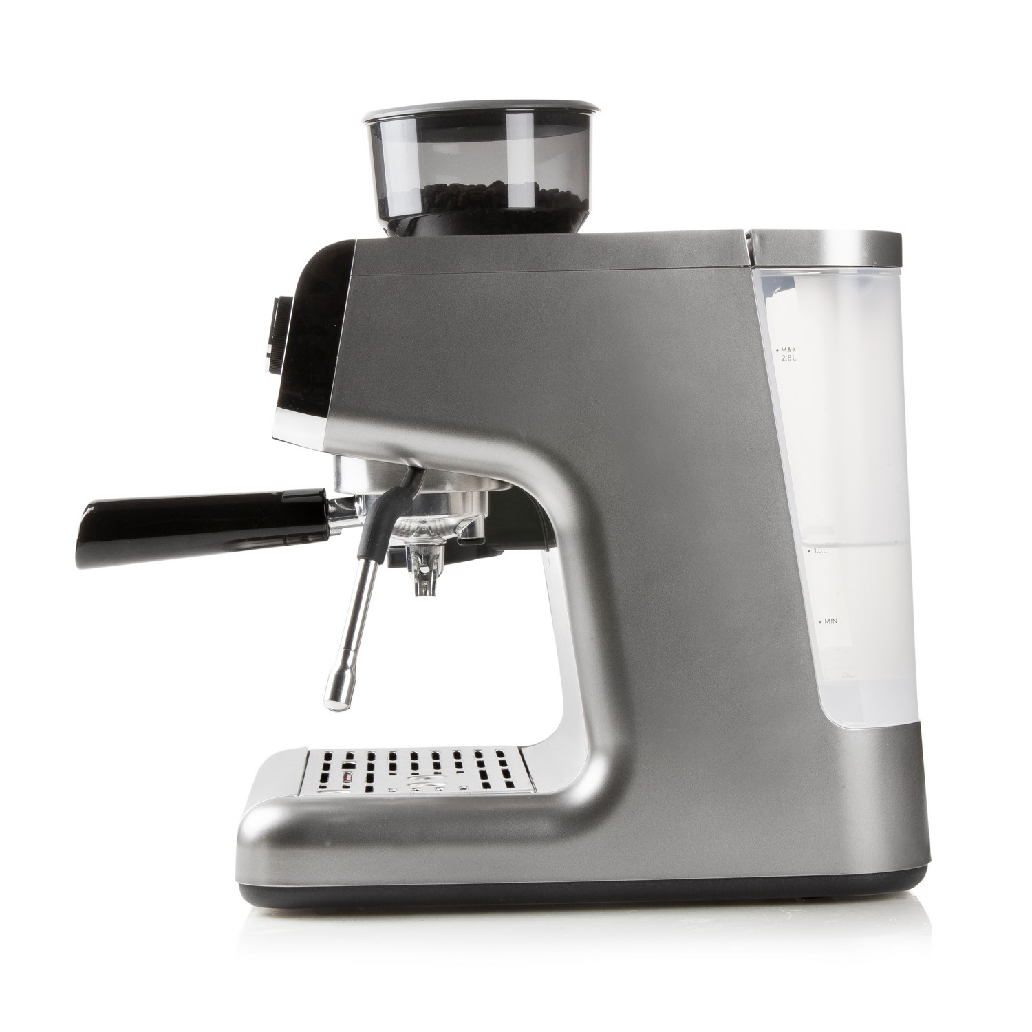 A silver espresso machine with a black handle, a water tank on the right, and a grinder on top.