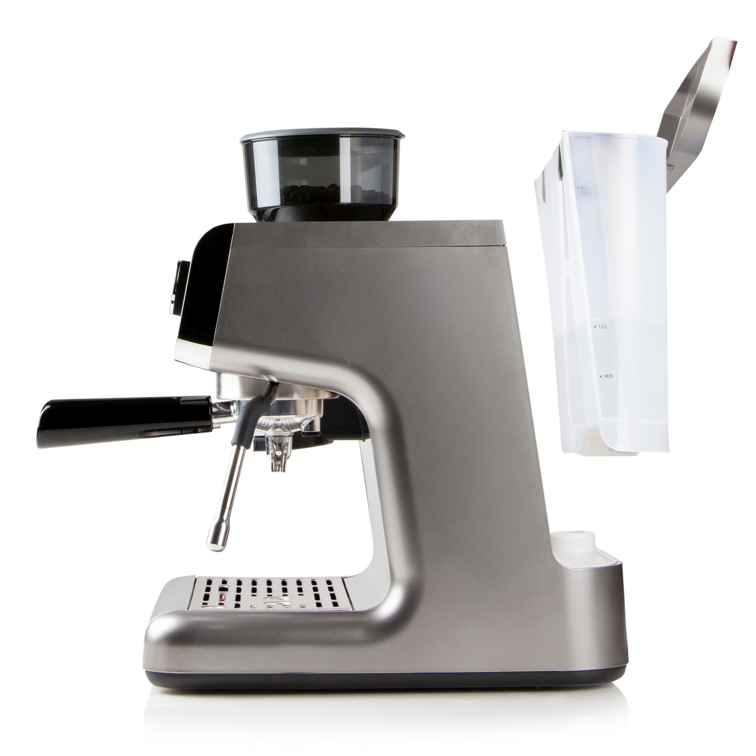 Silver espresso machine with black parts and a transparent water tank. Coffee beans in a container.