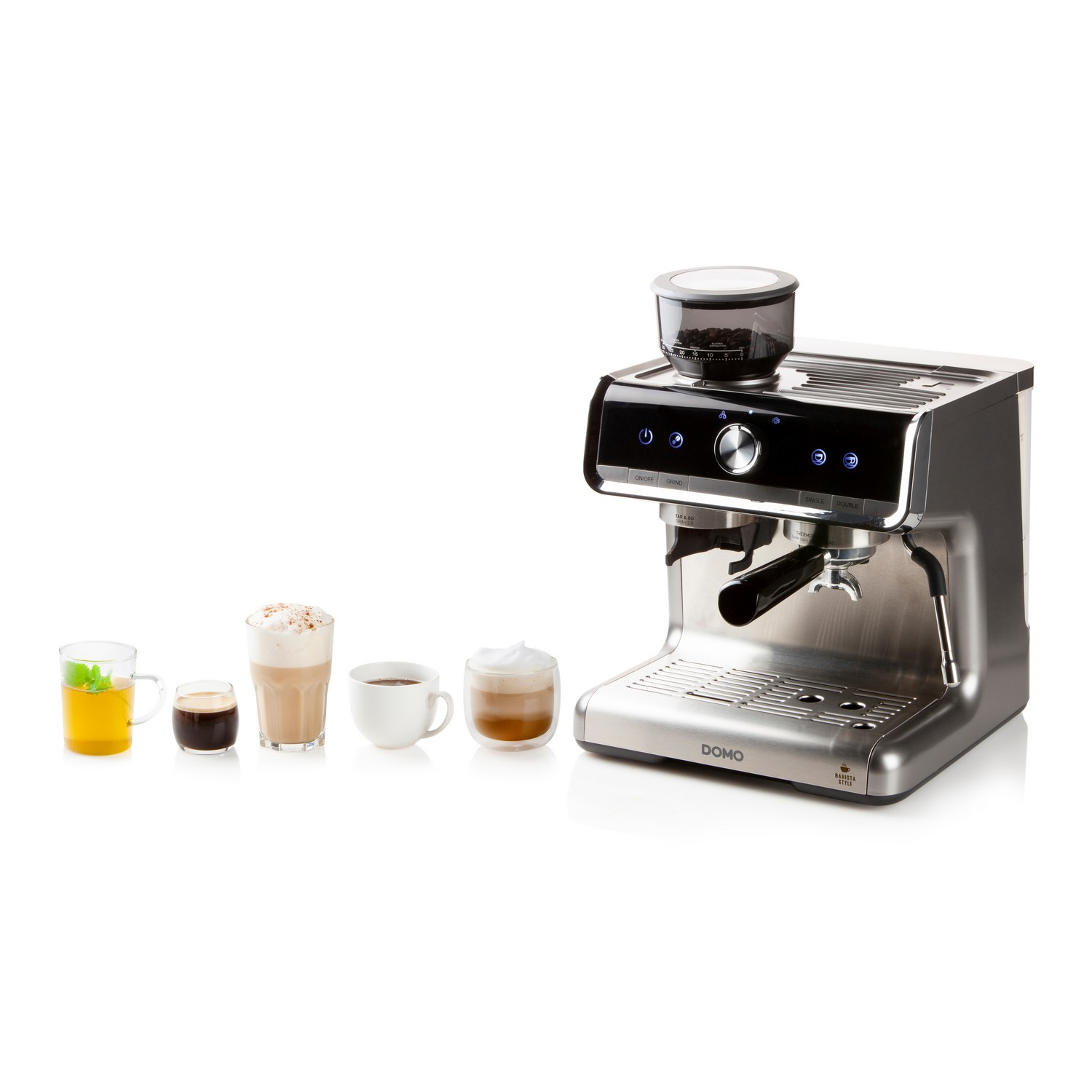 Silver espresso machine with a grinder and various coffee drinks.