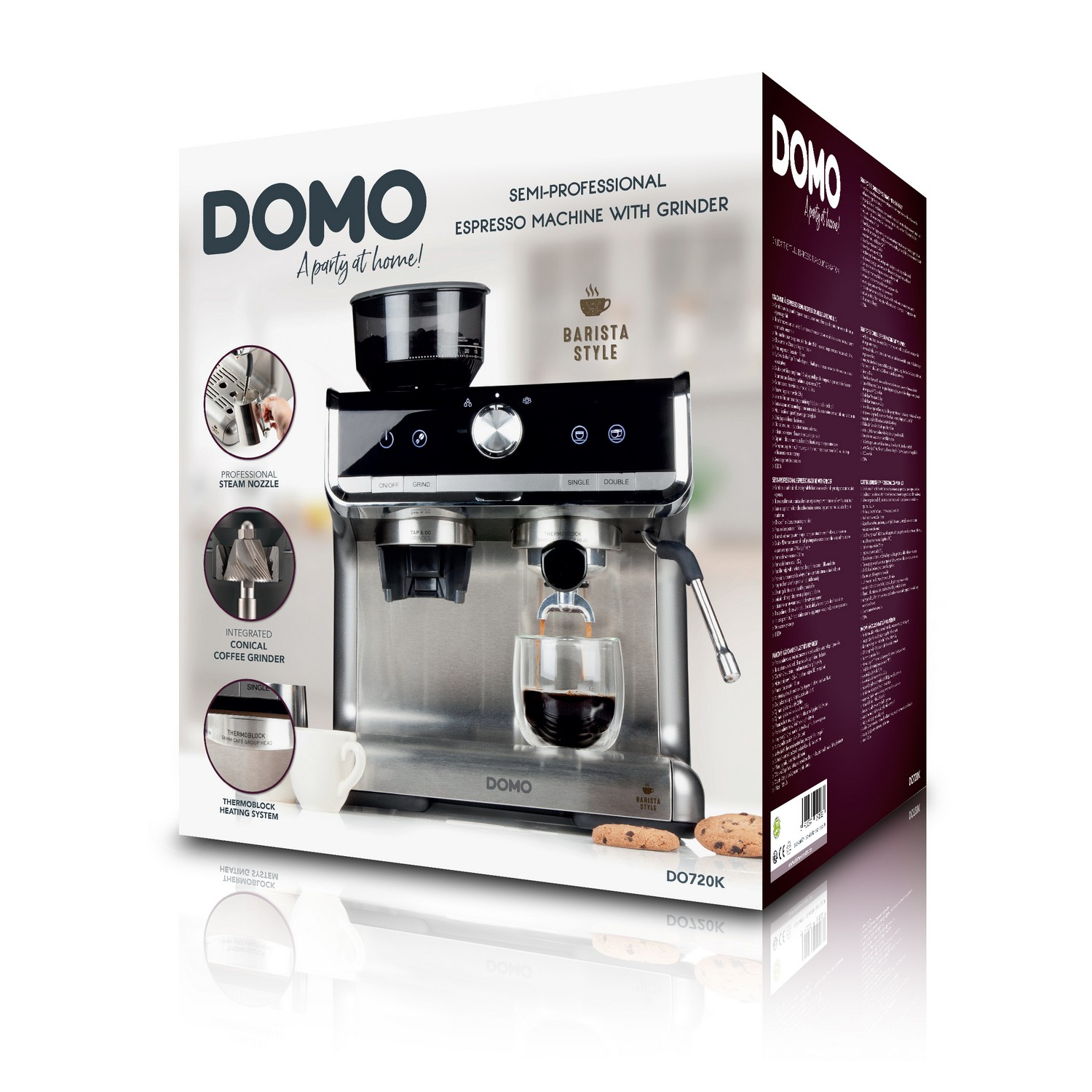 Espresso machine box. The machine has a grinder, steam nozzle, and a glass.
