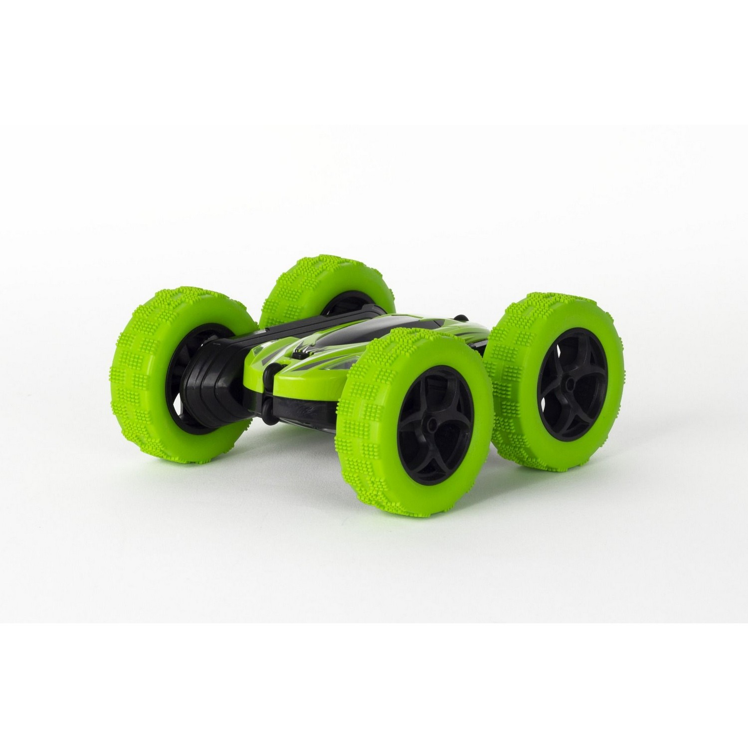 A remote-controlled toy car with green wheels on a white background.
