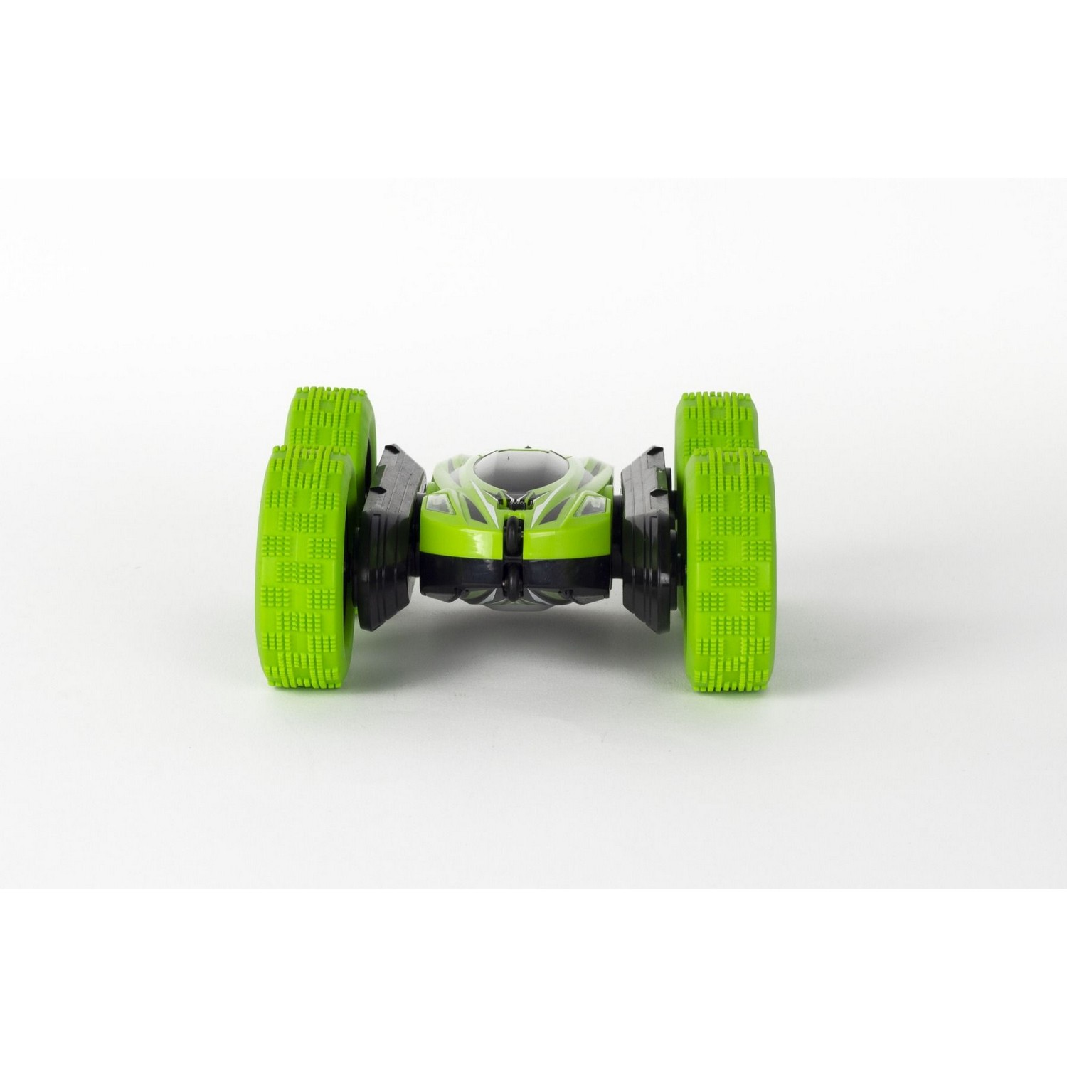 A green and black toy car with large, bright green wheels, facing the camera on a white surface.