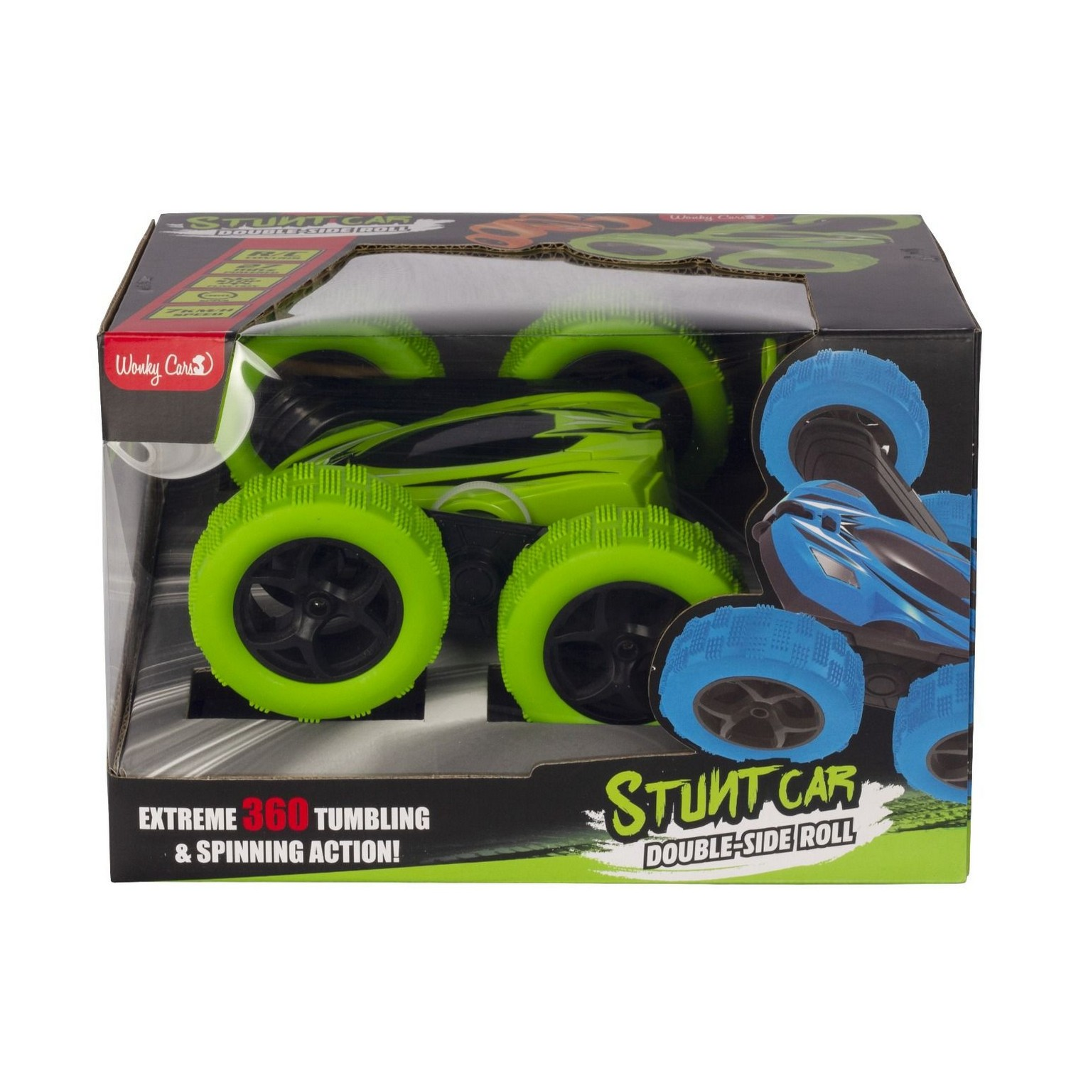 Box with a green and black toy stunt car, double-side roll.