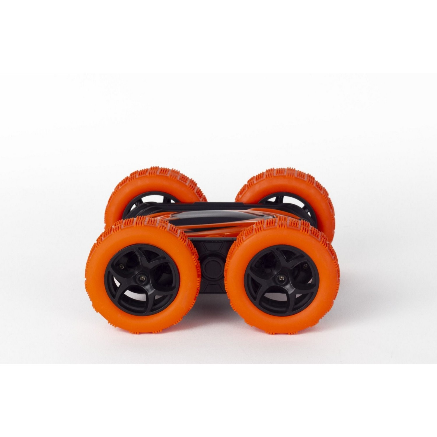 Orange and black toy car with four wheels. White background.