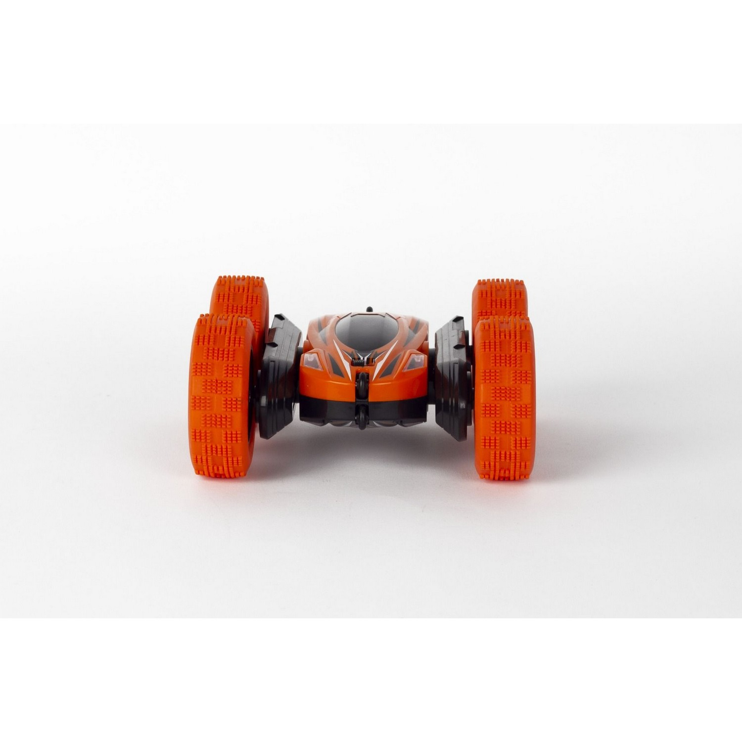 Orange and black toy car on a white surface. It has large orange wheels. 