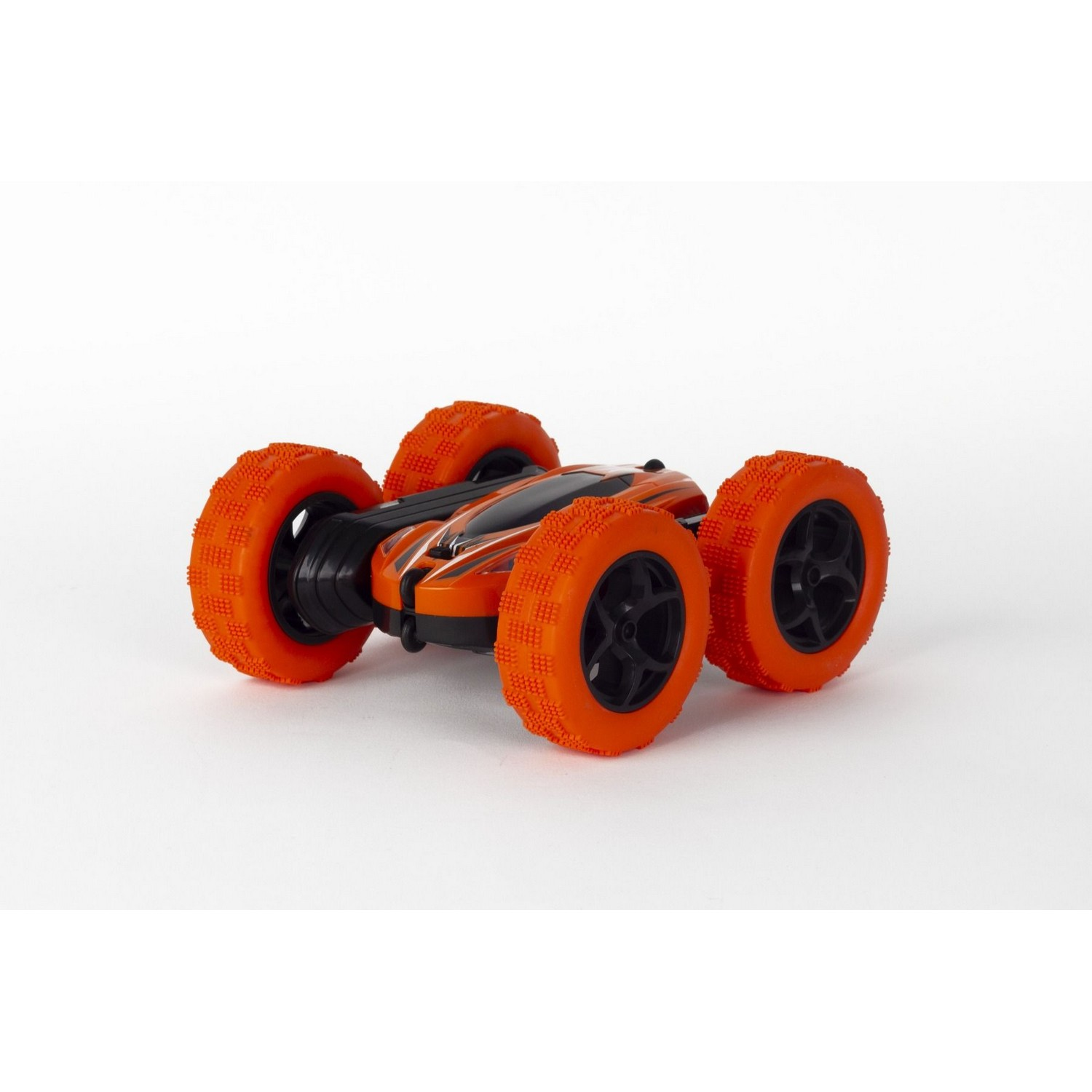 Orange and black remote control car on a white background. Four wheels visible.