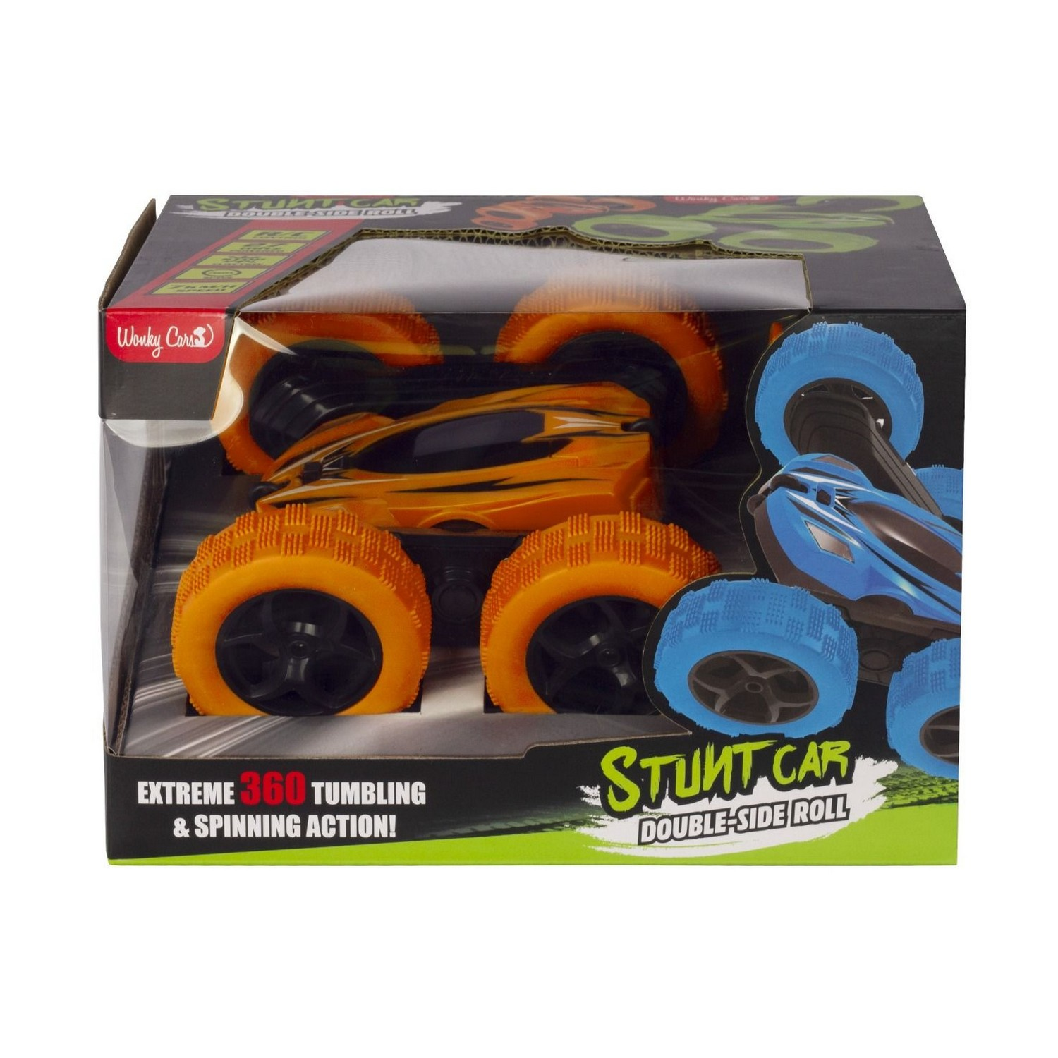 A toy stunt car in a box. It is orange and black with blue and orange wheels.