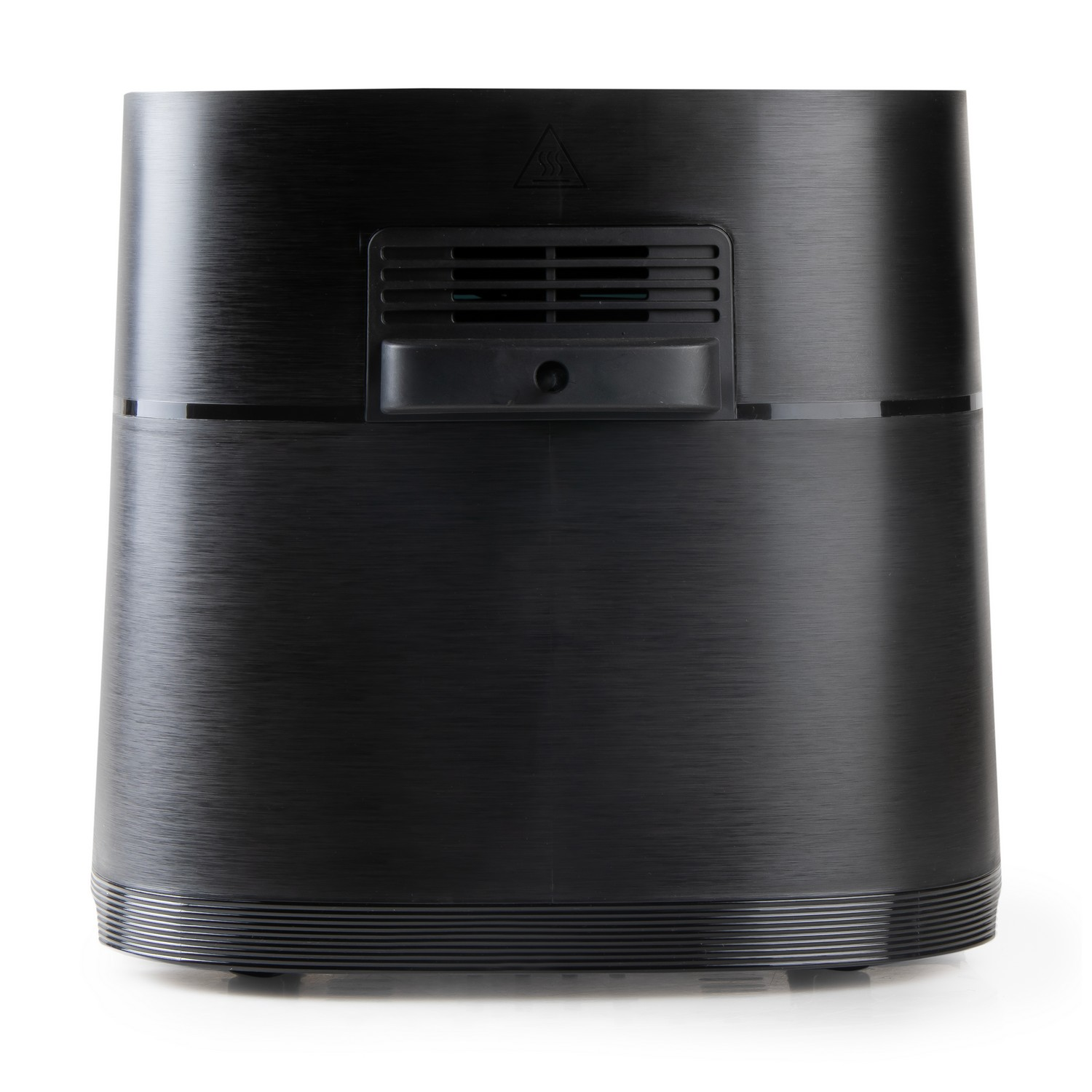 Une friteuse à air noire et cylindrique avec une ventilation sur le dessus et un panneau de contrôle à l'arrière.
