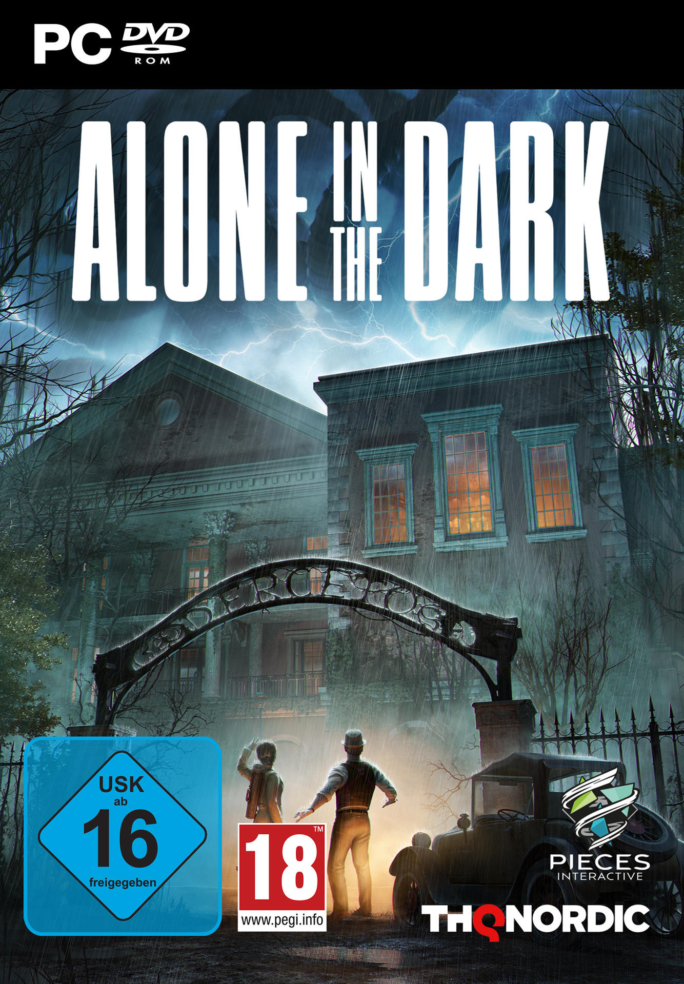 Spielecover: Titel 'Alone in the Dark' über einer gruseligen Szene mit Personen, Auto und Gebäuden.