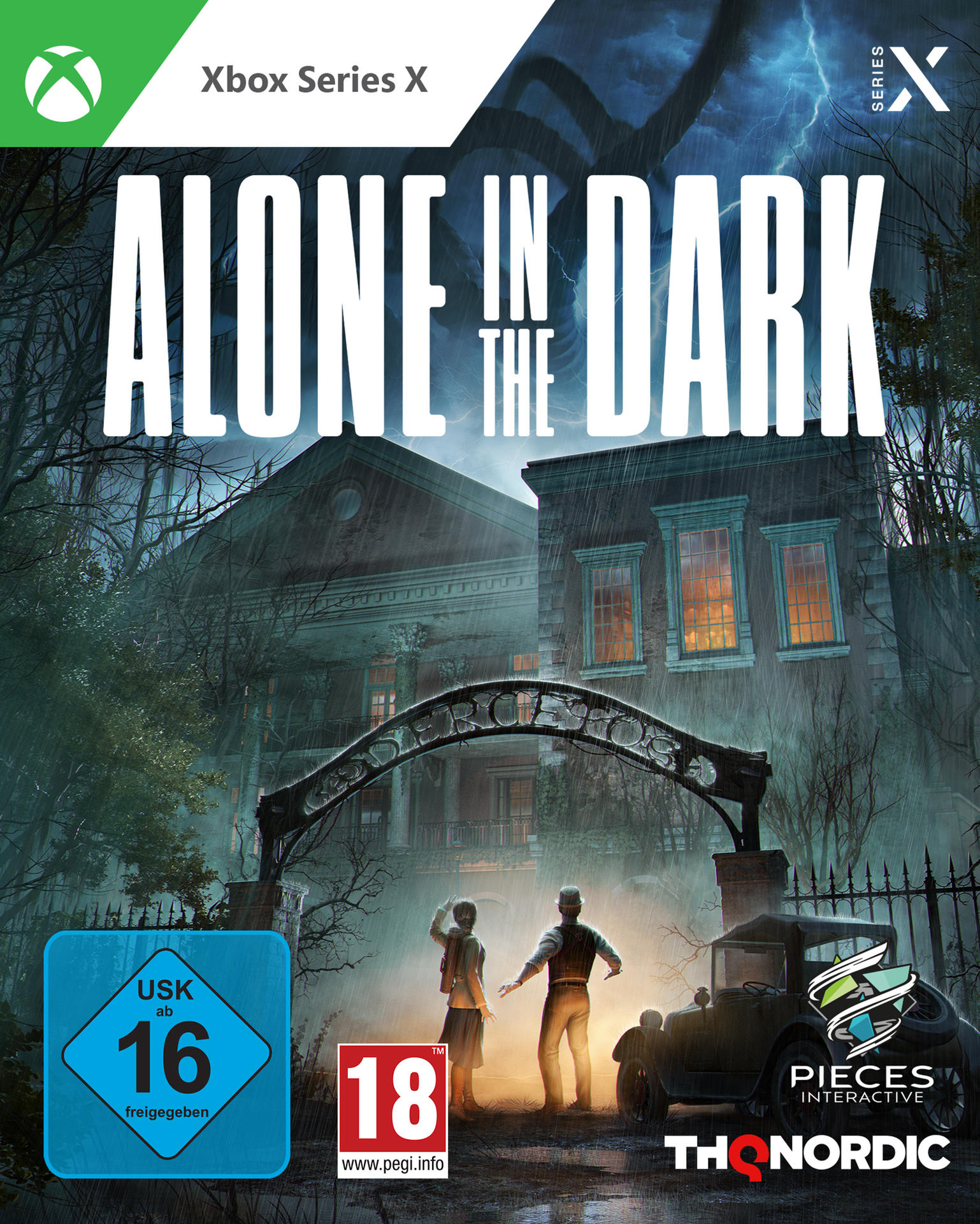 Spiel-Box-Art: Alone in the Dark, ein Spukhaus, zwei Figuren und ein Auto.