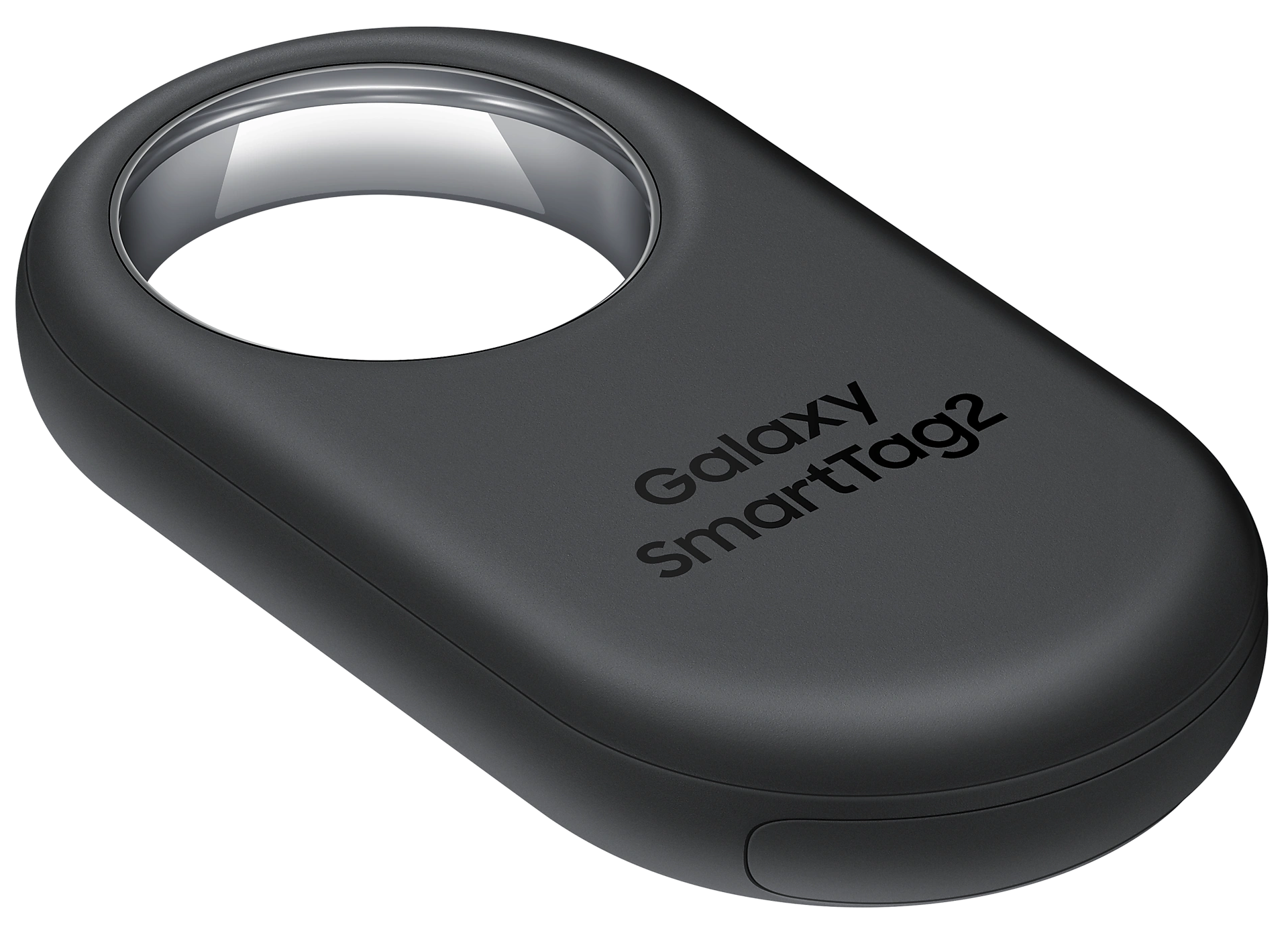 Fekete Galaxy SmartTag2, gyűrűvel, fehérrel mutatja a márka nevét.