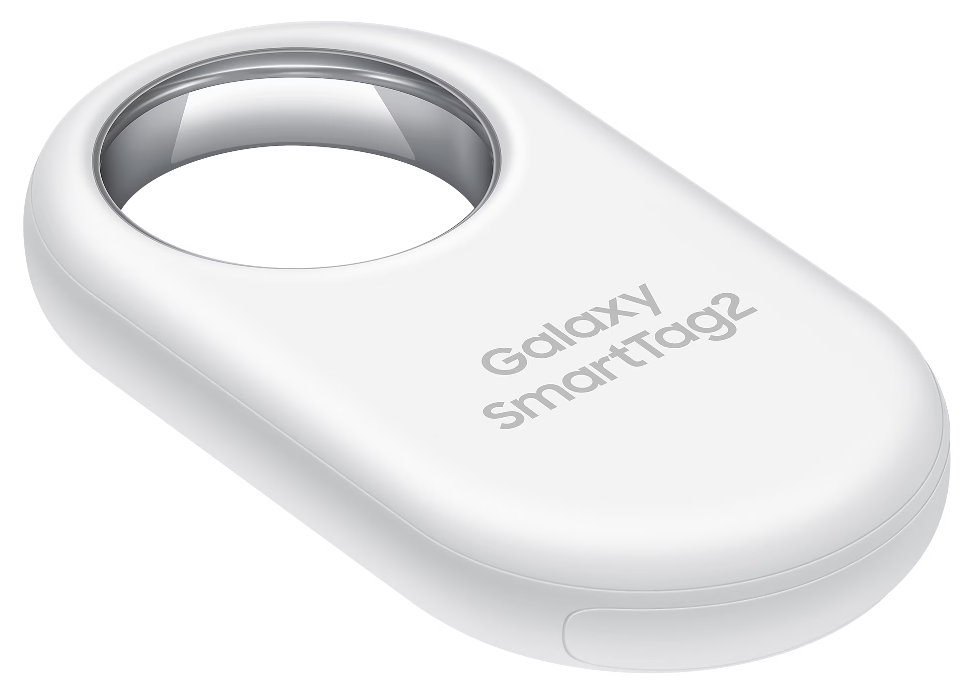 Fehér Galaxy SmartTag2, ovális alakú, felül lyukkal.