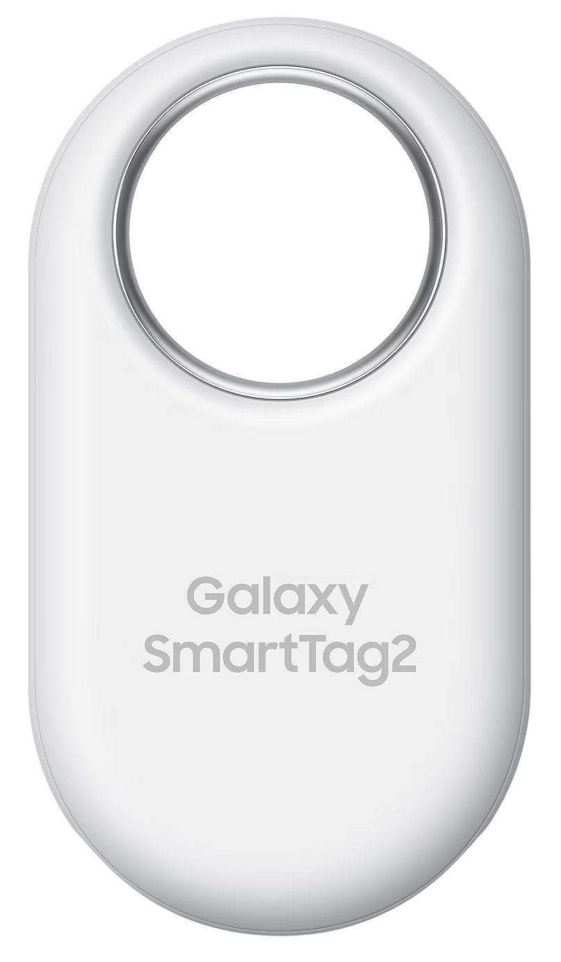 Fehér Samsung Galaxy SmartTag2 eszköz, ovális alakú, ezüst hurokkal.