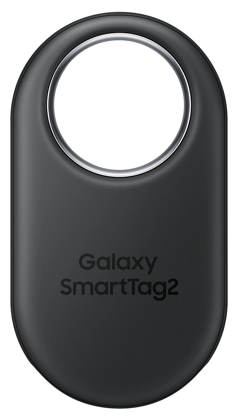 Egy fekete Galaxy SmartTag2, ovális alakú gyűrűvel.
