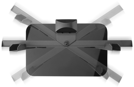 Un supporto a parete nero con bracci regolabili per tenere oggetti. I bracci sono angolati verso l'esterno.