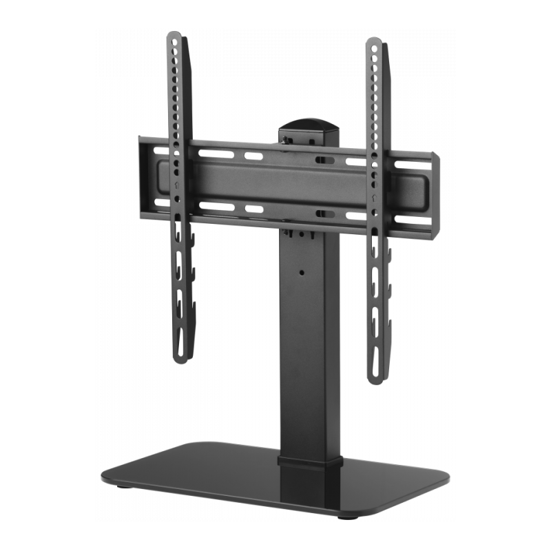 Un supporto TV nero su sfondo bianco. Ha una base, un palo e un supporto TV.