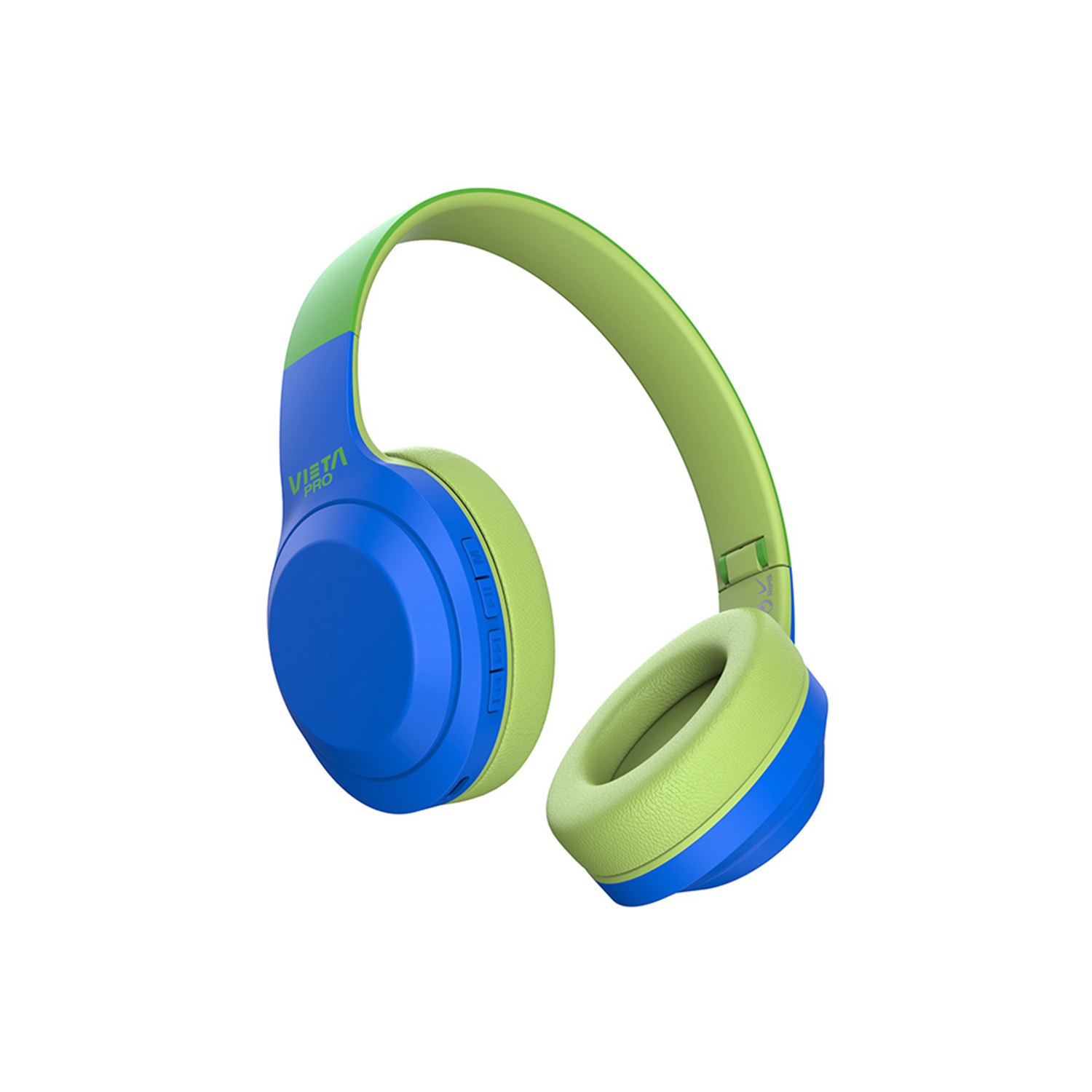 Auriculares inalámbricos azules y verdes, vista en ángulo, sobre fondo blanco.