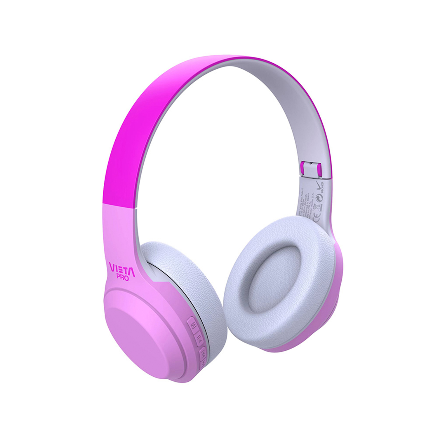 Auriculares rosas y blancos. La marca 'VIETA PRO' está en el lateral.