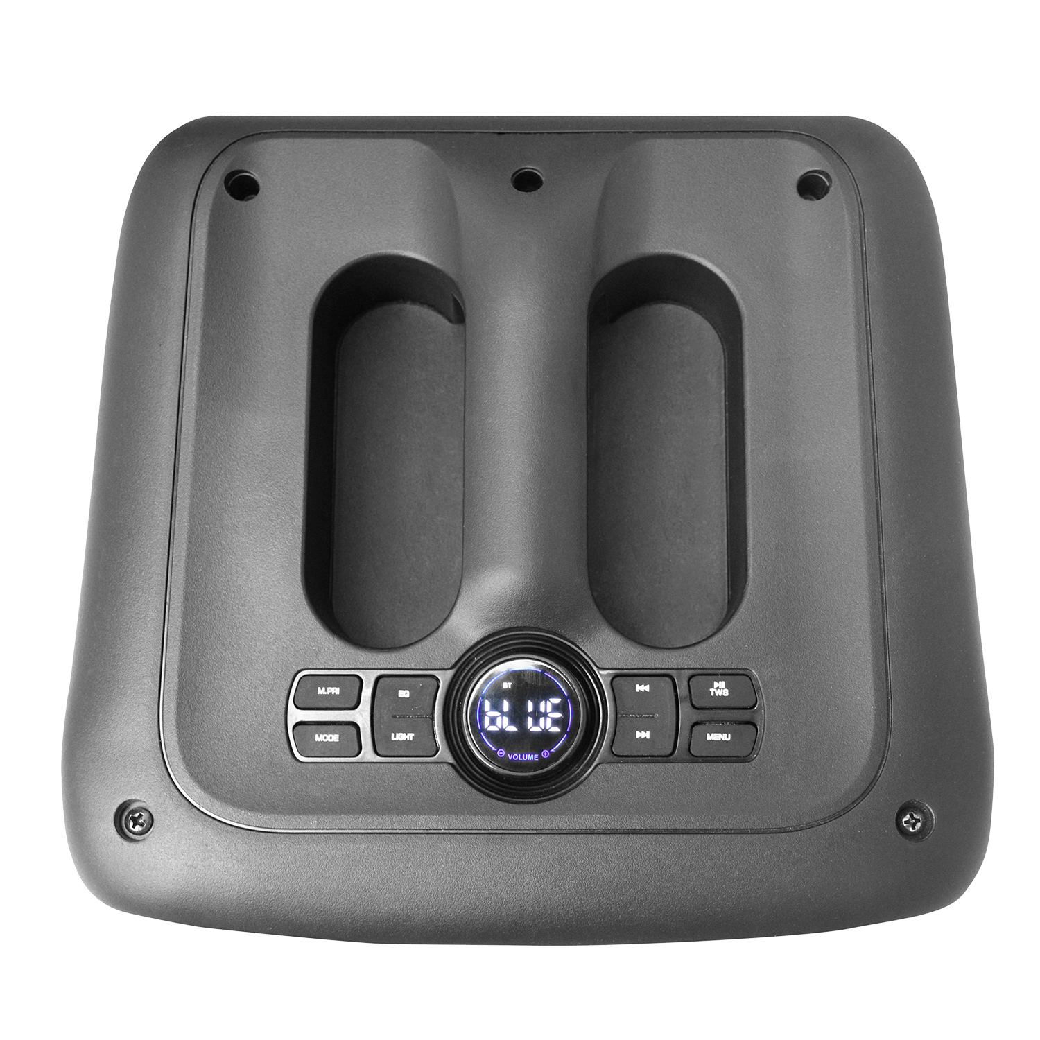 Altavoz de audio negro con botones y una pantalla que muestra 'BLUE'.