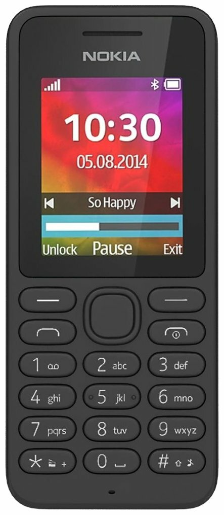 Czarny telefon Nokia wyświetlający godzinę, datę, baterię i siłę sygnału.