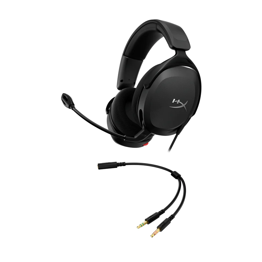 Fekete gamer headset mikrofonnal. Külön kábel dugókkal is látható.