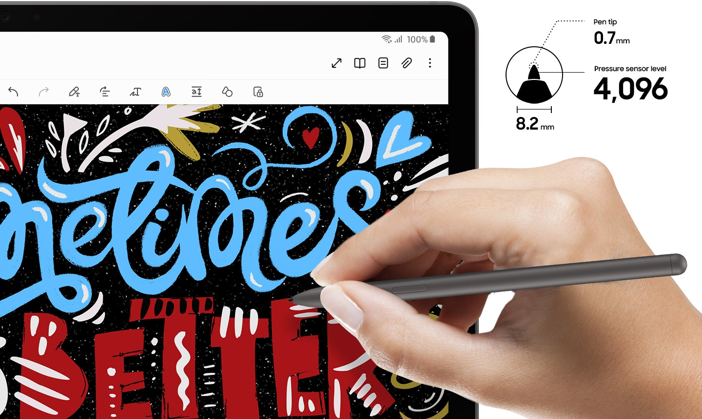 Kéz, amint egy tollat használ egy tablet képernyőjén. A képernyőn a szöveg: 'sometimes better'.