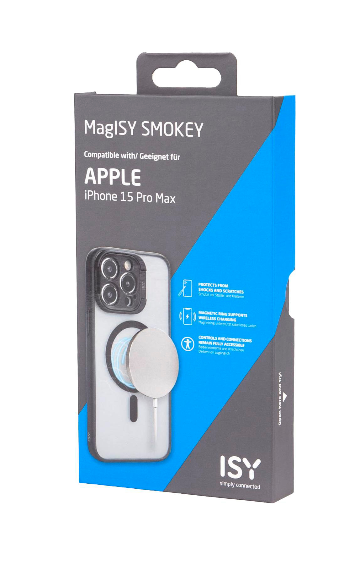 iPhone 15 Pro Max Hüllenbox mit Telefonbild, mit der Marke MaglSY Smokey.