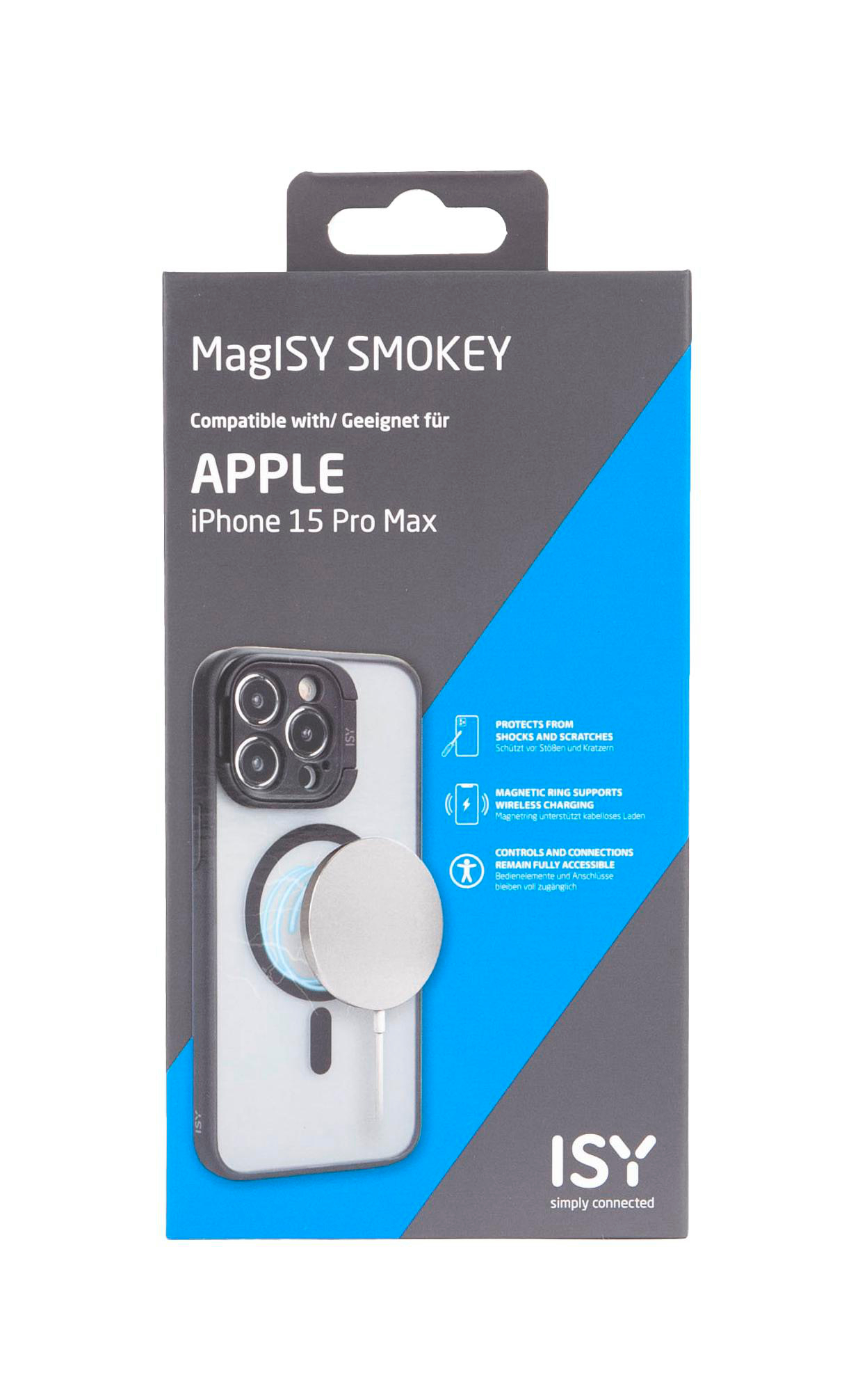 Eine Handyhüllenbox für ein iPhone. Die Box ist schwarz und blau und zeigt die Handyhülle.