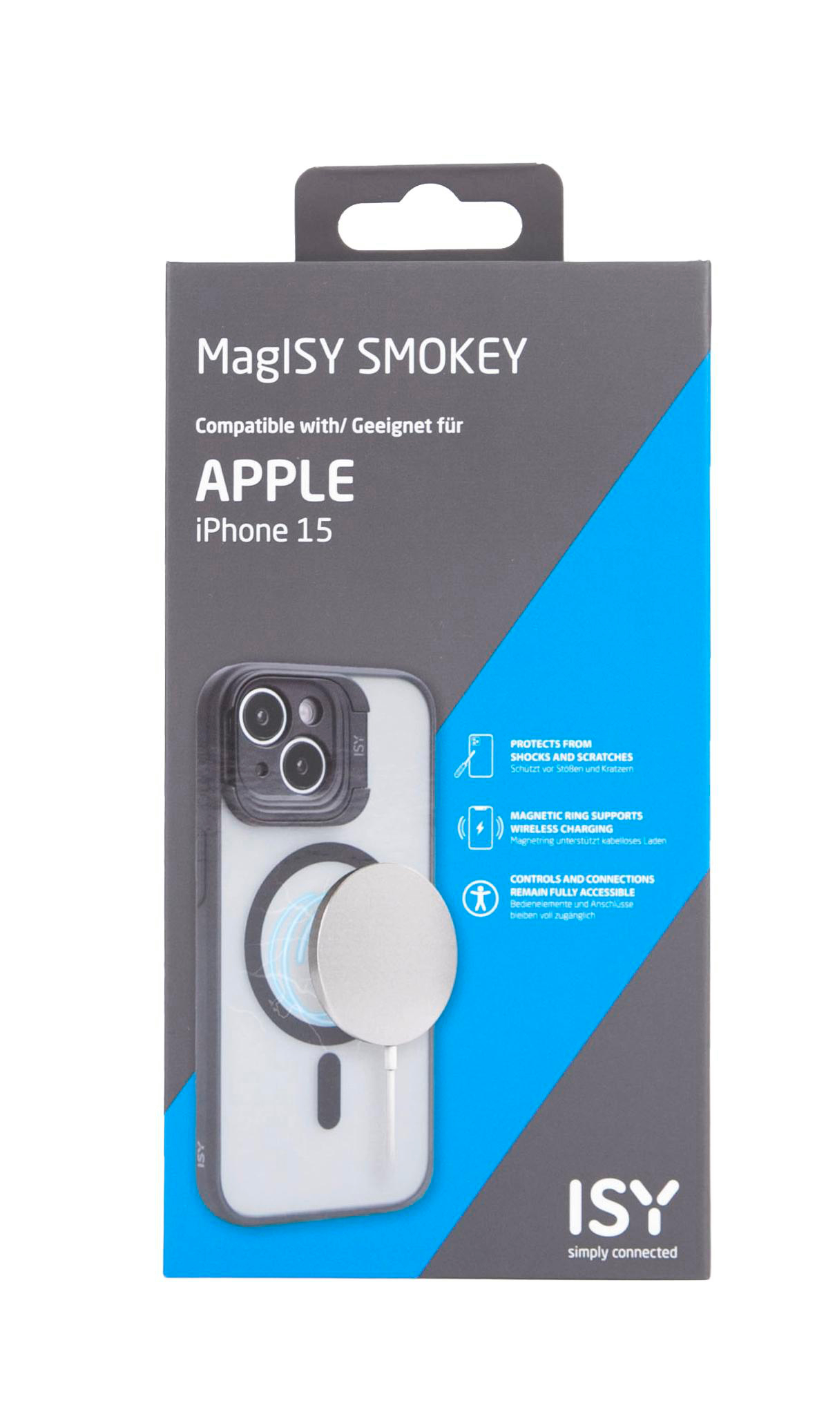 Eine Handyhülle-Box mit einer Handyhülle und einem Magnetring. Auf der Box steht MaglSY SMOKEY.