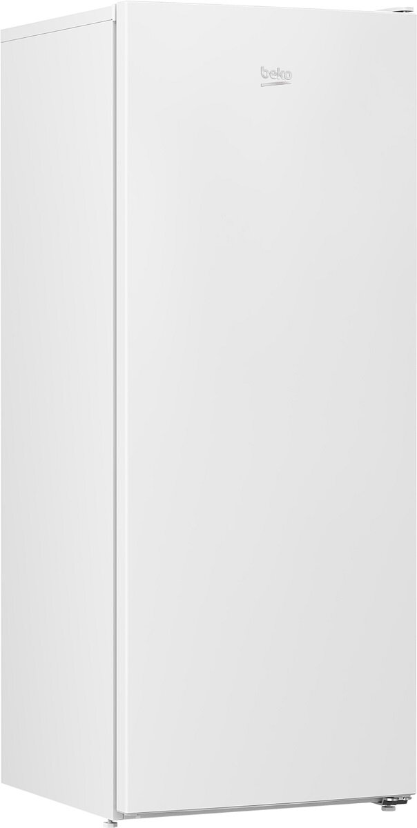 Biała lodówka Beko z boku na białym tle.