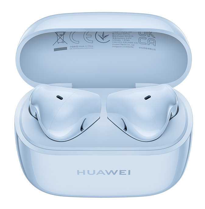 Jasnoniebieskie etui ładujące z dwoma niebieskimi bezprzewodowymi słuchawkami w środku. HUAWEI.
