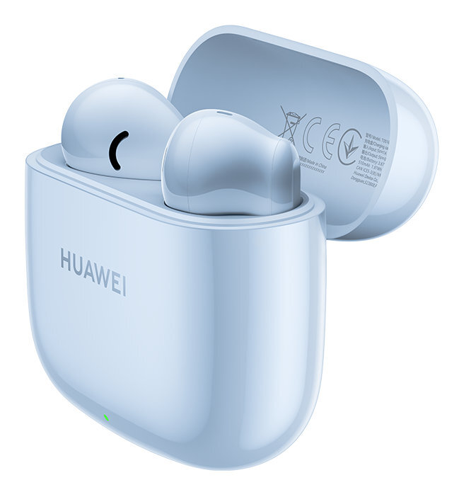 Jasnoniebieskie słuchawki Huawei w etui. Etui jest otwarte.
