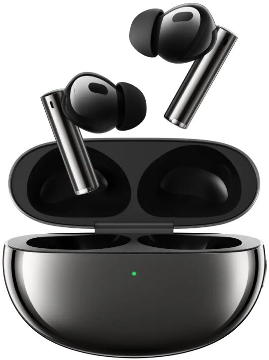 Czarne bezprzewodowe słuchawki douszne z etui ładującym. Błyszcząca srebrno-czarna kolorystyka.