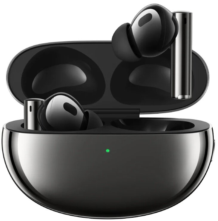Czarne bezprzewodowe słuchawki douszne wewnątrz etui ładującego. Etui i słuchawki są czarne.