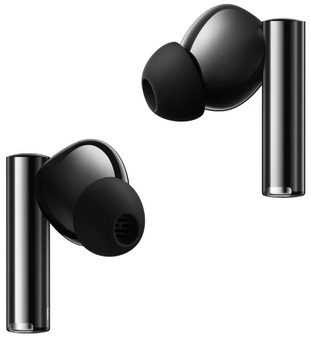 Czarne bezprzewodowe słuchawki douszne. Dwa douszniki, pod kątem, na białym tle.