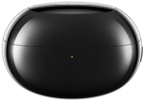 Czarne etui ładujące słuchawki realme z zielonym światłem.