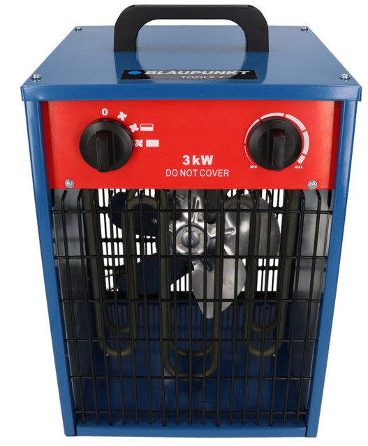 Niebiesko-czerwony grzejnik elektryczny z czarnym uchwytem i pokrętłami sterowania.